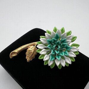 Painted Metal Flower Brooch in Greens and Blues